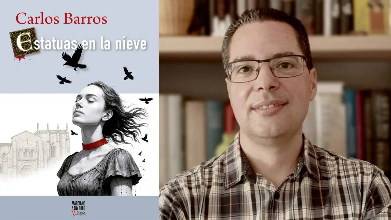 El escritor Carlos Barros junto a la portada de la novela 'Estatuas en la nieve' (Marciano Sonoro).