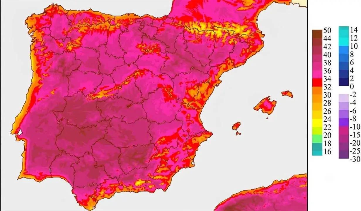 Mapa de temperaturas m&aacute;ximas para este martes. Foto: Aemet