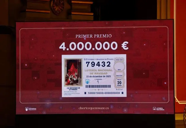 Las niñas del colegio de San Ildefonso cantan el primer premio del Sorteo de la lotería de Navidad. Foto: Juan Lázaro.