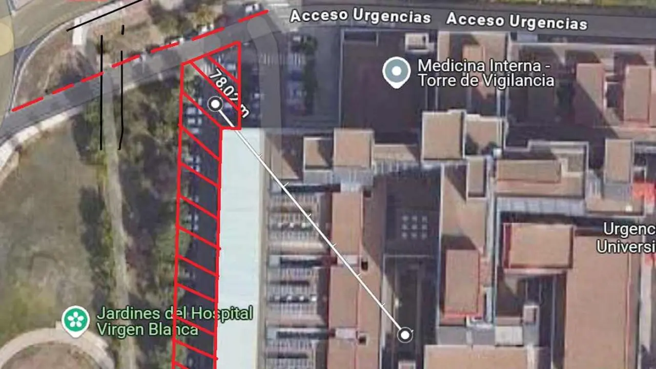 Imagen de la zona afectada por la instalación de la grúa en el Hospital de León.