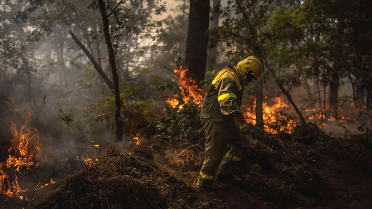 Imagen de archivo de un efectivo sofocando un incendio forestal.