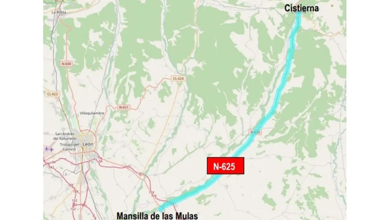 Transportes reanuda las obras de rehabilitación de la carretera N-625 a lo largo de 43 km entre Mansilla de las Mulas y Cistierna.