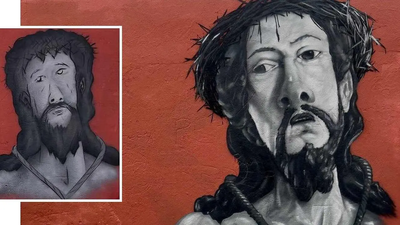 La 'vieja' versión y la imagen restaurada en la Cuesta de las Carbajalas en imágenes recogidas por el propio artista.