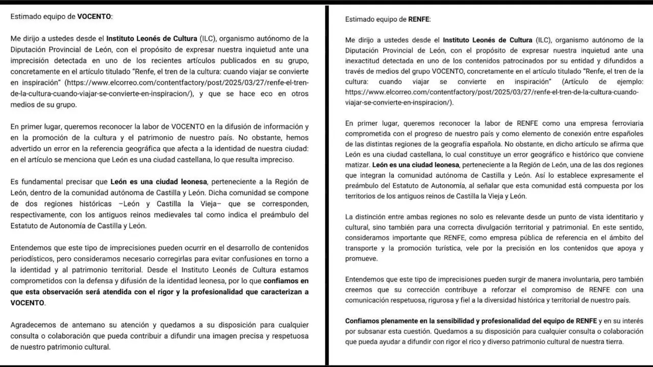 Imagen de las cartas remitidas tanto a Vocento como a Renfe por sus incorrectas apreciaciones sobre León.