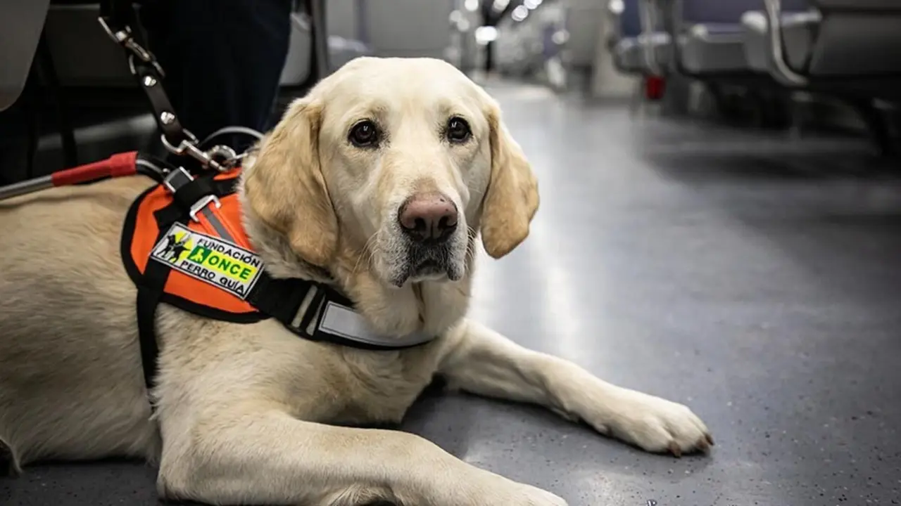 Imagen de un perro guía en el transporte.