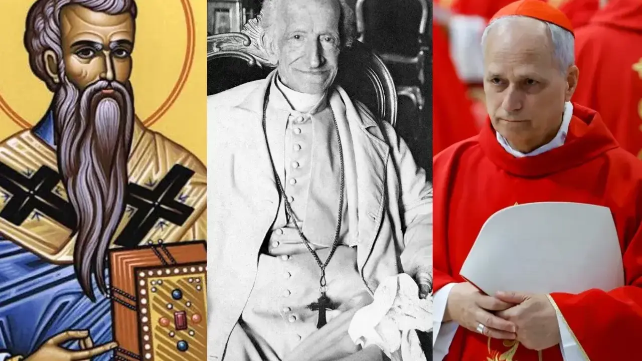 De izquierda a derecha, el papa León I (siglo V), León XIII (1878–1903) y el recién elegido León XIV, Robert Prevost (2025).