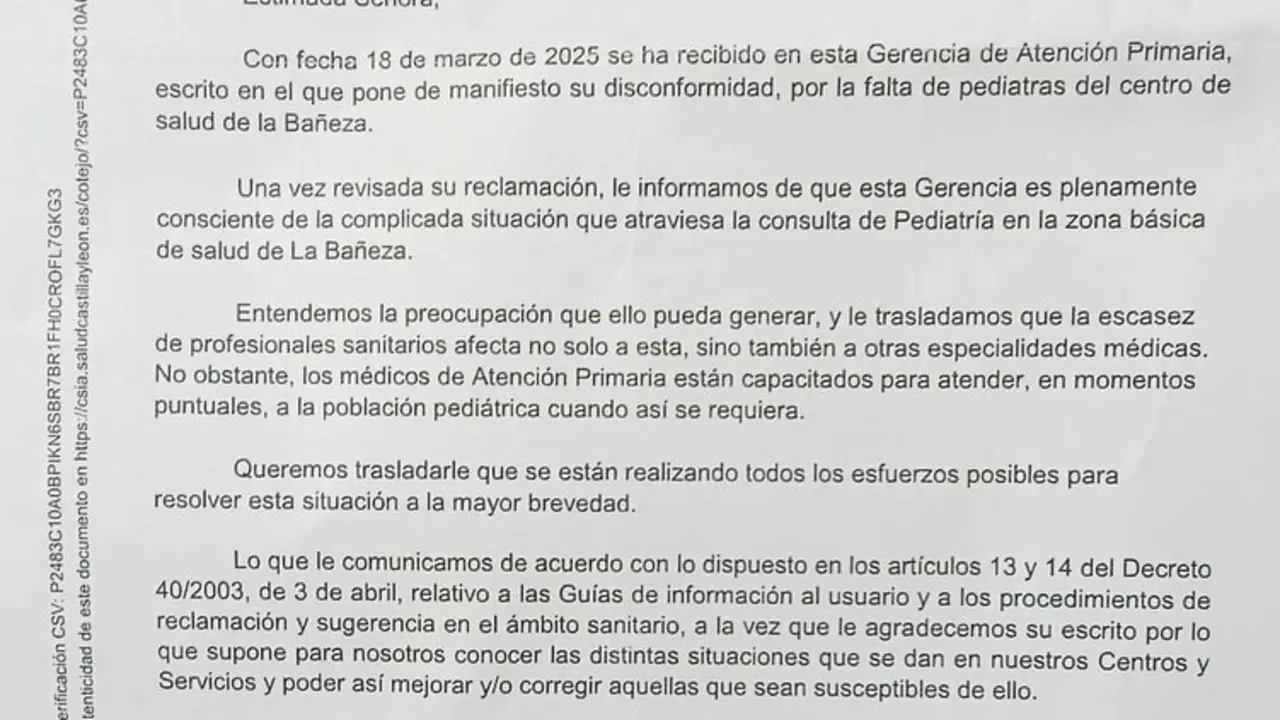 Carta de respuesta remitida desde la gerencia de Sanidad ante la denuncia de falta de pediatras.