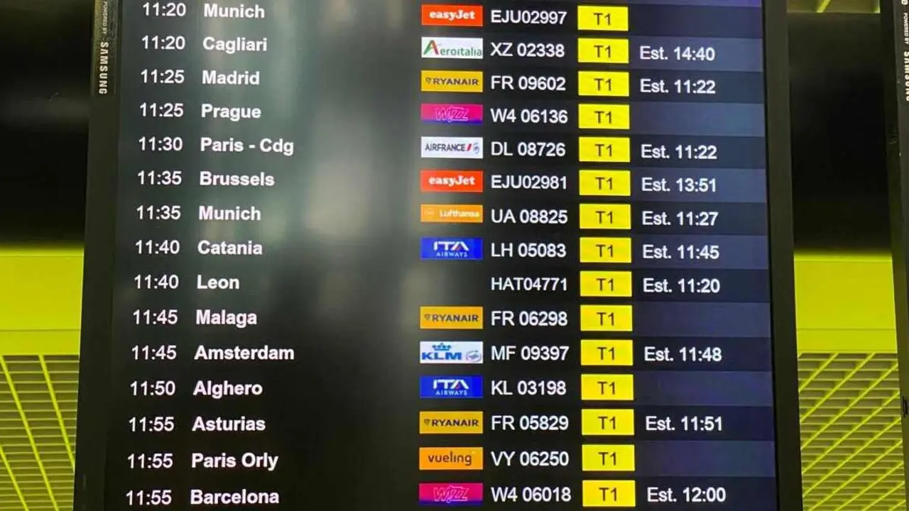 León, en los carteles del Aeropuerto de Roma-Fiumicino.