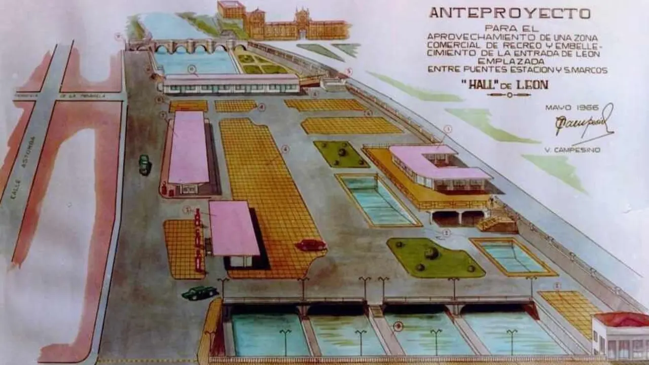 Uno de sus proyectos más osados fue planteado en 1966: el “hall de León”, una plataforma construida sobre el cauce del río para albergar un aparcamiento de mil vehículos, áreas comerciales...