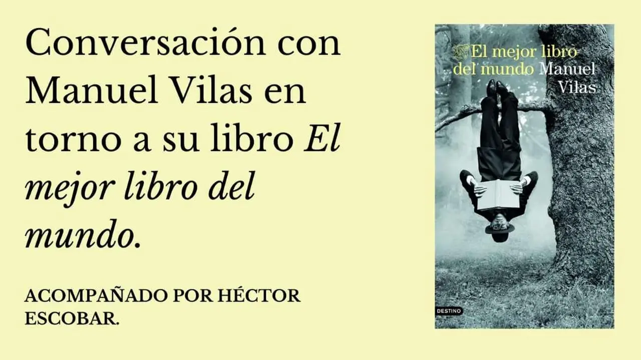 Imagen del cartel de Manuel Vilas en la presentación de su libro.