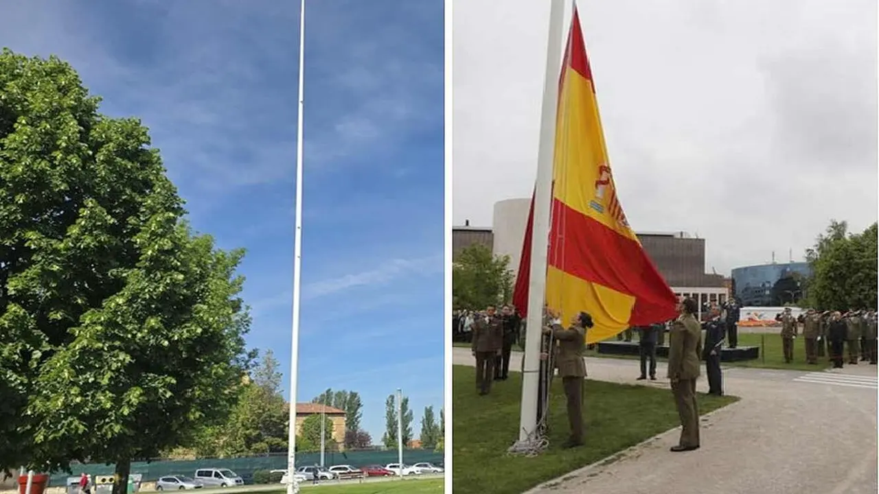 Imágenes facilitadas por el PP municipal reclamando la presencia de la bandera de España, ausente este sábado.