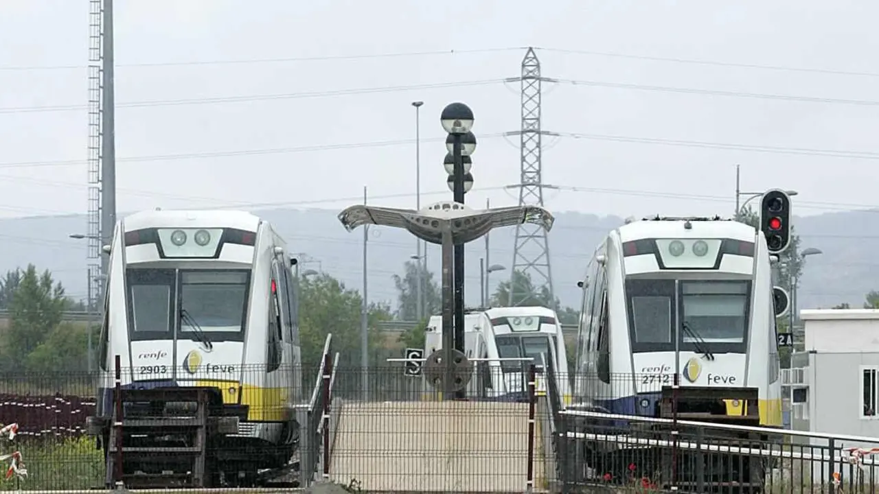 Trenes de Feve detenidos en el barrio de la Asunción de León.