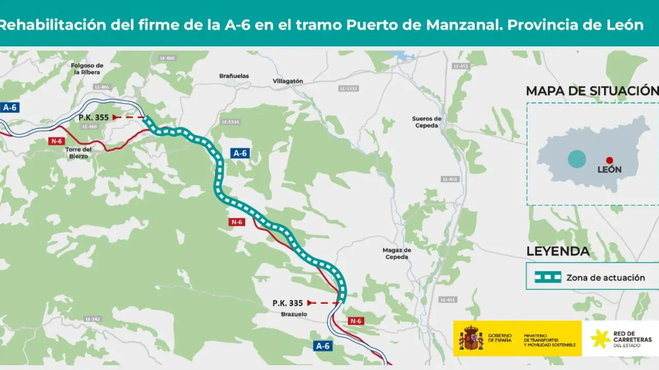 Mapa de la A-6 con las zonas de actuación.