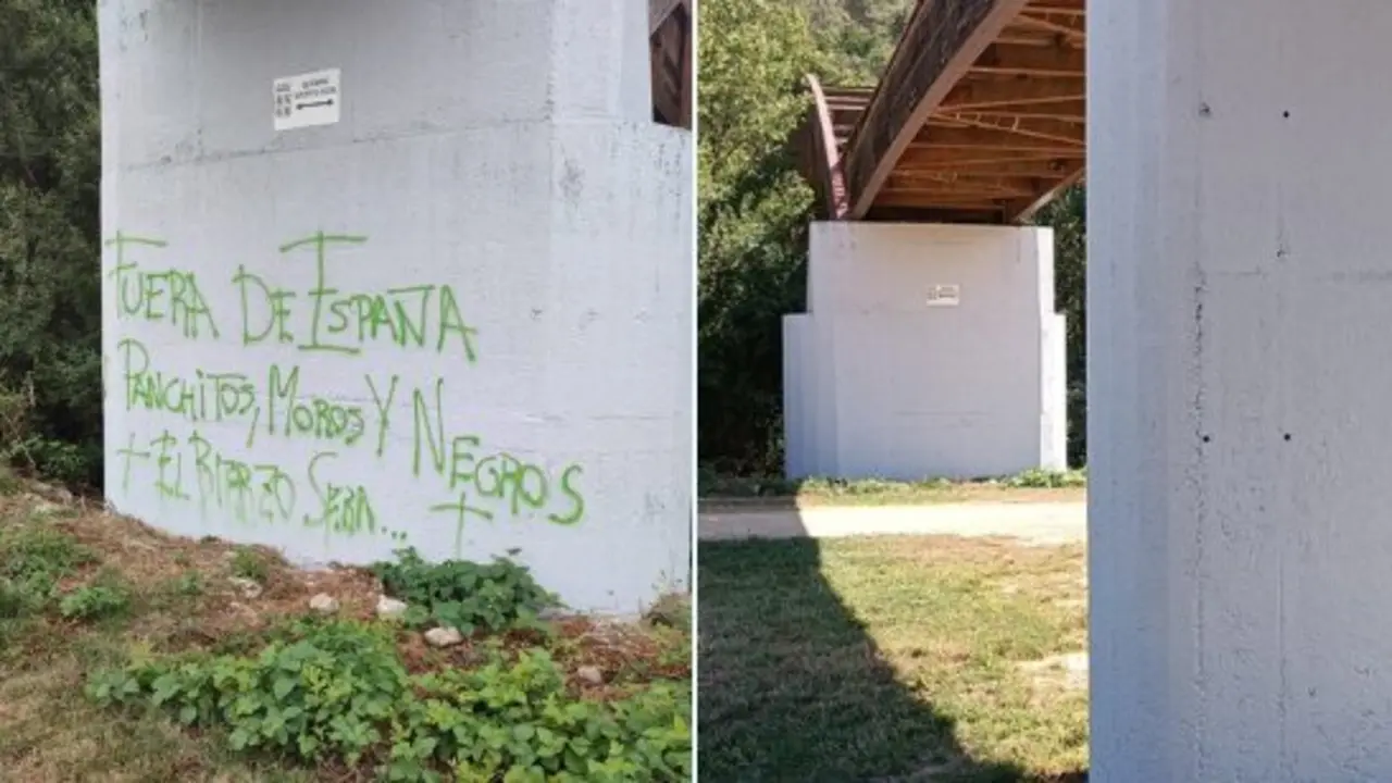 Las pintadas racistas del Paseo del Río de Ponferrada (izda.) ya han sido borradas (dcha.).