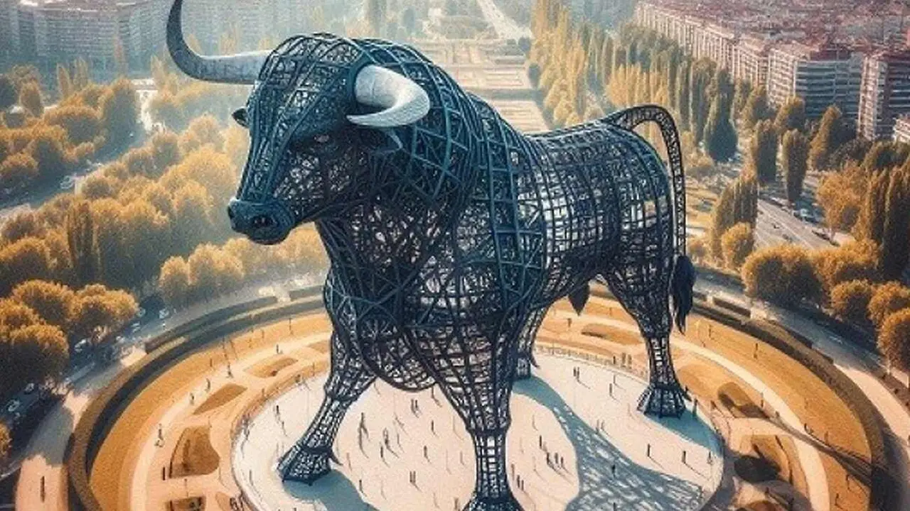 Imagen del toro que se quiere levantar y su comparativa respecto a los edificios colindantes.