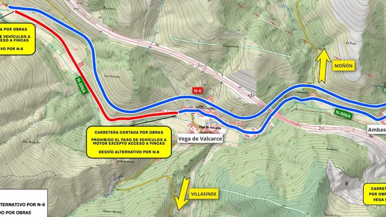 Imagen del mapa con un corte de carretera a partir de mañana por obras en la carretera N-006A entre Vega de Valcarce y Ruitelán.