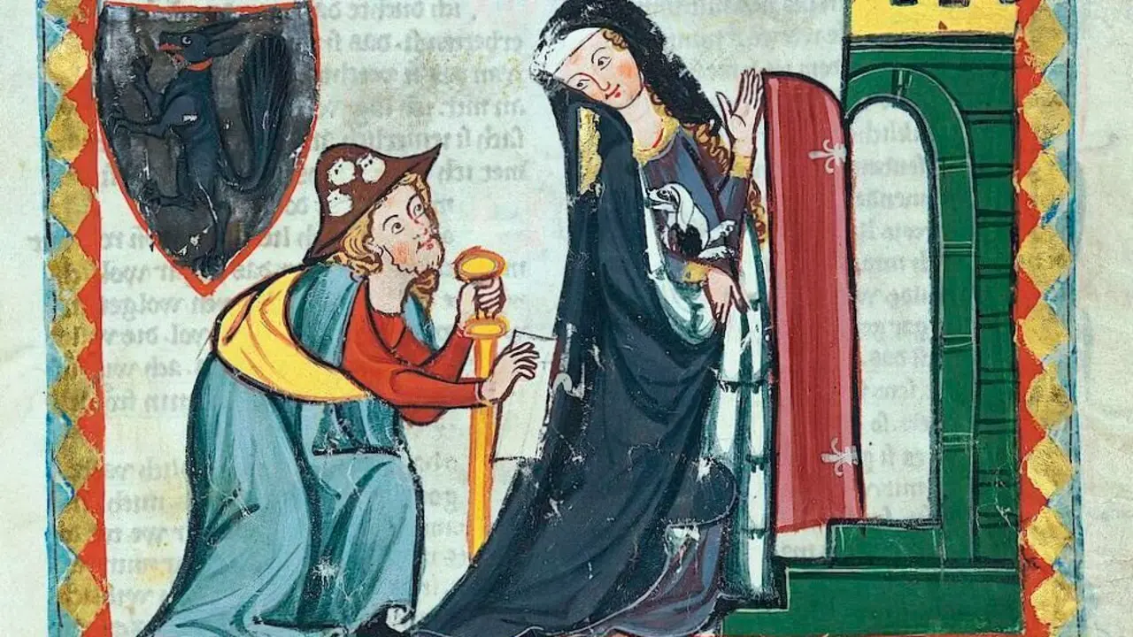 Una dama atiende a un caminante vestido de peregrino santiagueño que demanda hospitalidad y que muestra un escrito. Ilustración del siglo XV, del Códice Manesse/ Heidelberg, Universitätsbibliothek Heidelberg.