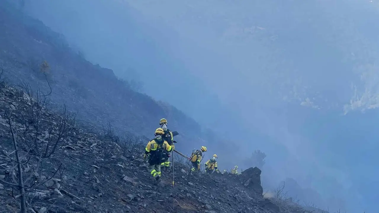 Brigadistas forestales a la 'caza' del incendio en una imagen tomada por Brif Tabuyo tras aterrizar en la zona.