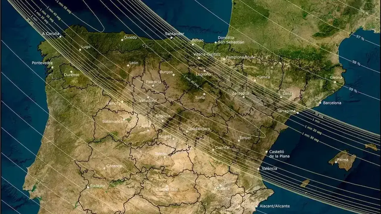 Imagen del trazado del eclipse con la privilegiada posición de León.
