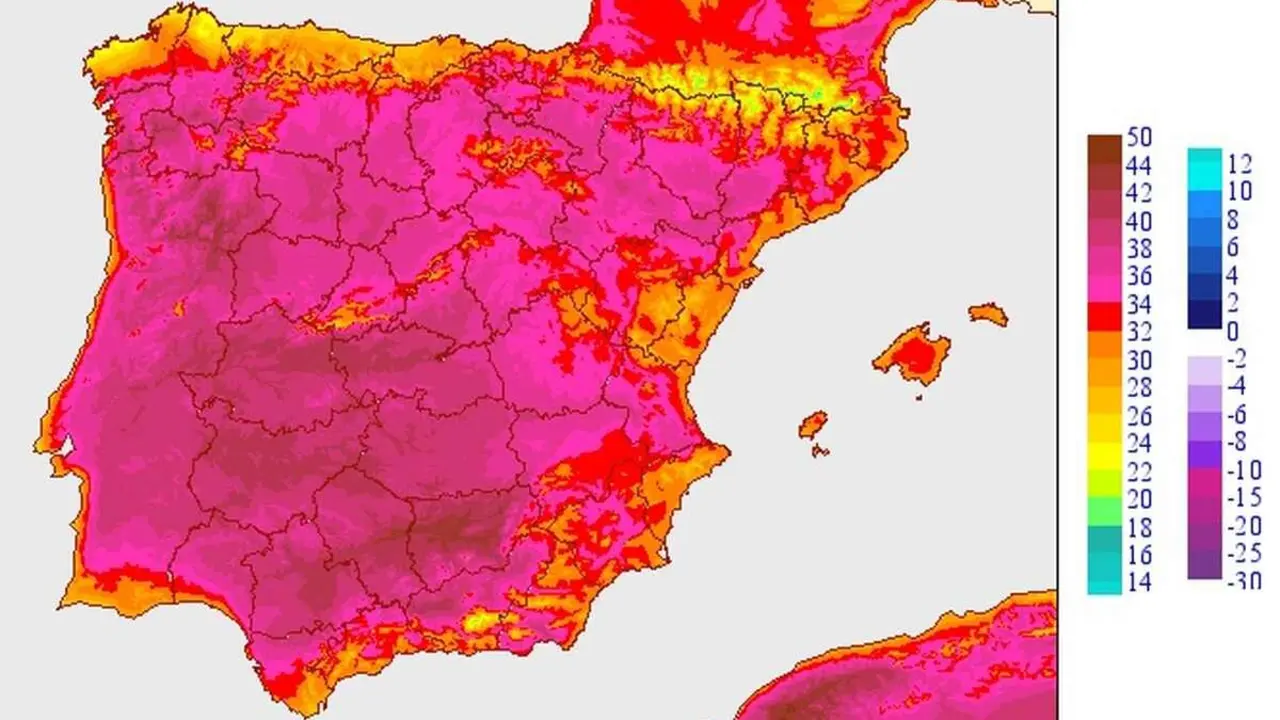 Imagen del mapa de temperaturas previsto para este lunes 4 de agosto.