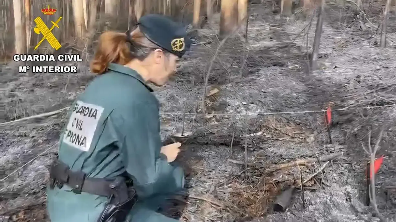 Efectivos de la Guardia Civil durante la investigación del incendio.