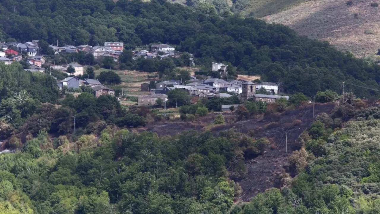 Efectos del incendio forestal en la localidad de Oencia.