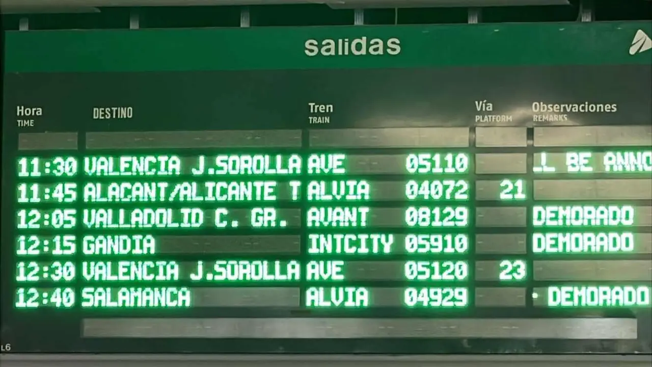 Panel de Adif anunciando retrasos en los AVE y demorando el anuncio del tren AVE destino León de las 13:00 horas.