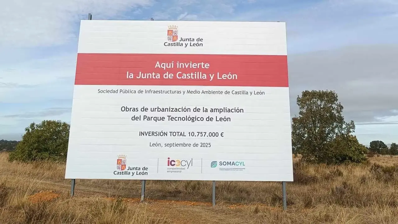 Imagen del gran cartel que desde este viernes anuncia la ampliación del Parque Tecnológico de León.