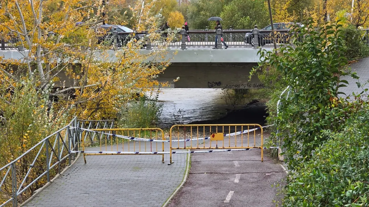 La crecida del río Bernesga a su paso por la capital leonesa llevó este viernes al Ayuntamiento de León a cerrar las pasarelas peatonales que comunican ambos márgenes del cauce. Fotos: Carlos Calvo | Silvia García