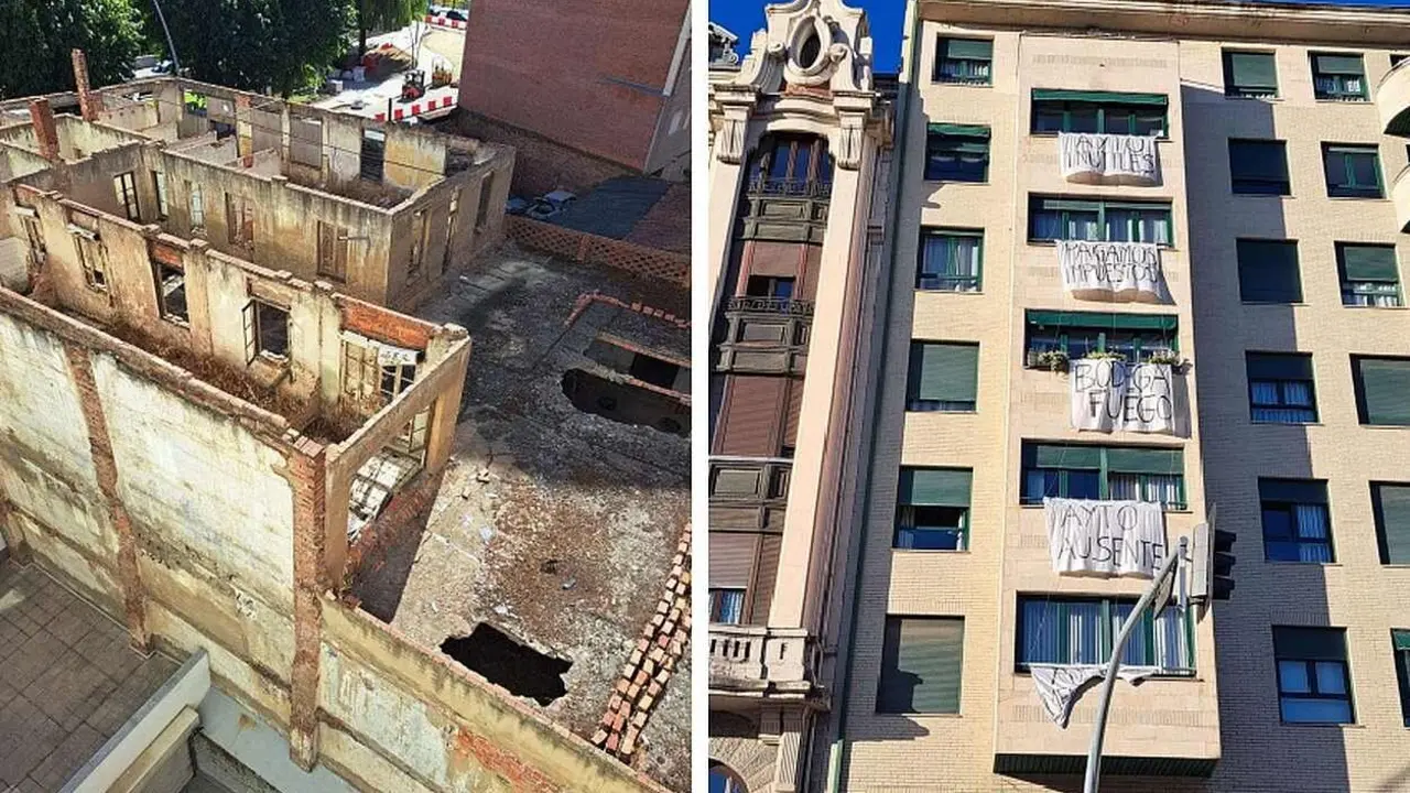 Imagen del inmueble de Bodegas Armando; a la derecha, pancartas en los edificios pr&oacute;ximos y que ahora han sido retiradas.