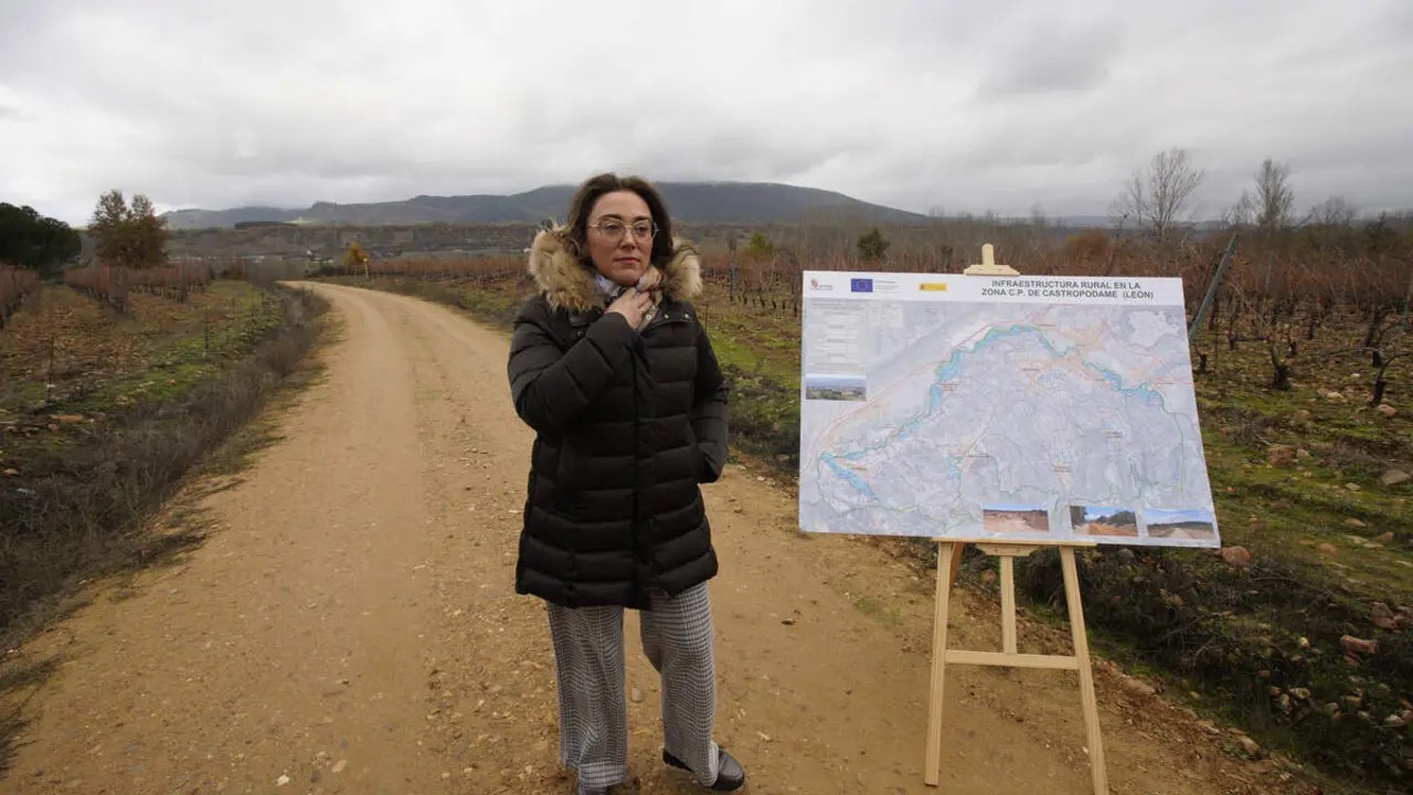 La consejera de Agricultura, Ganadería y Desarrollo Rural, María González Corral, durante su visita a las obras de la infraestructura rural de la concentración parcelaria de Castropodame (León)