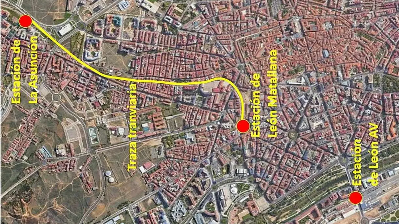Mapa del estudio de adaptación en a traza ferroviaria de Feve en León.