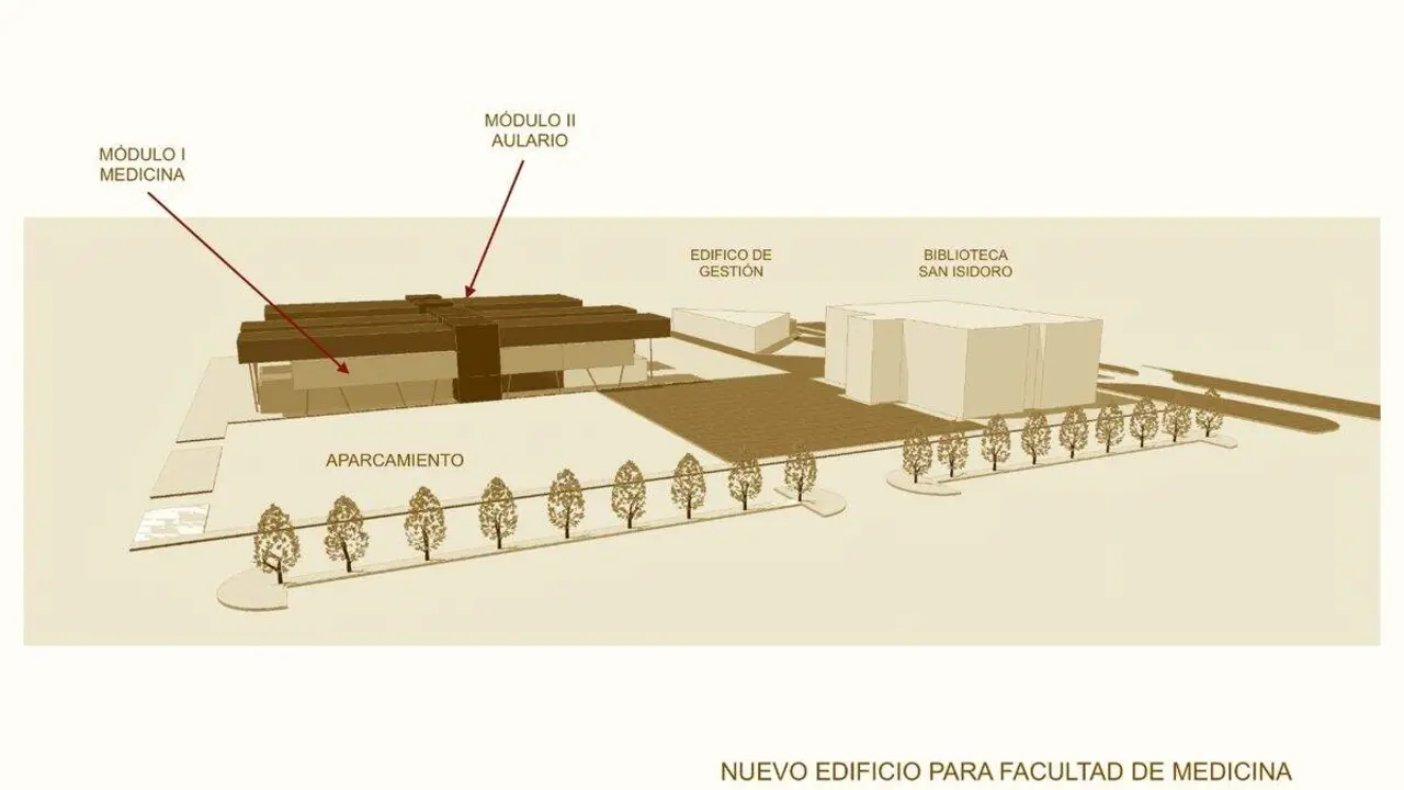 imagen en 3D del proyecto inicial de la futura Facultad de Medicina, que se ubicar&aacute; en la parcela trasera situada en la parte de atr&aacute;s de la biblioteca de San Isidoro y el Edificio del EGA. Foto: ULE