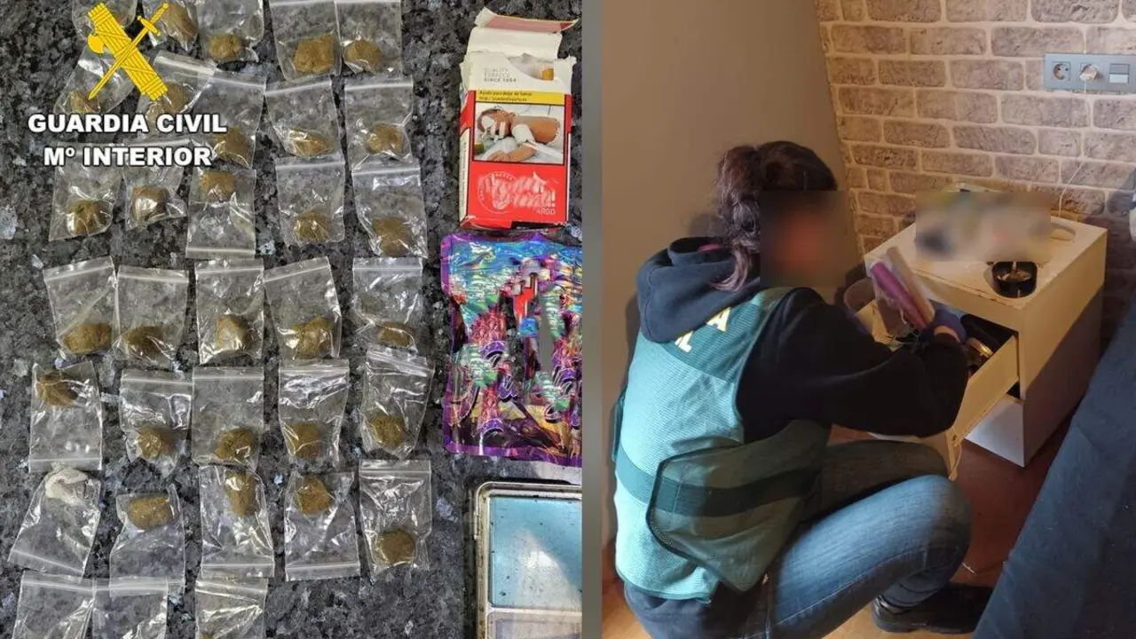 A la izquierda, parte de la droga decomisada en la operaci&oacute;n; a la derecha, un momento del registro de la vivienda. Foto: Guardia Civil.