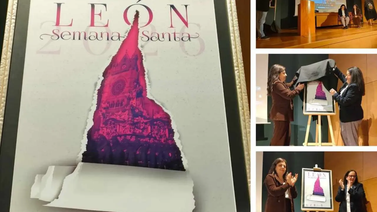 Imagen del cartel de la Semana Santa de Le&oacute;n publicado por el Obispado de la ciudad. A la derecha, tres instantes de su presentaci&oacute;n.