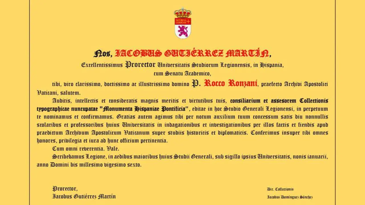El Vaticano respalda la colecci&oacute;n &lsquo;Monumenta Hispaniae Pontificia&rsquo; del Servicio de Publicaciones de la ULE y consolida su prestigio internacional. Foto del nombramiento del Prefecto cedida por la ULE.