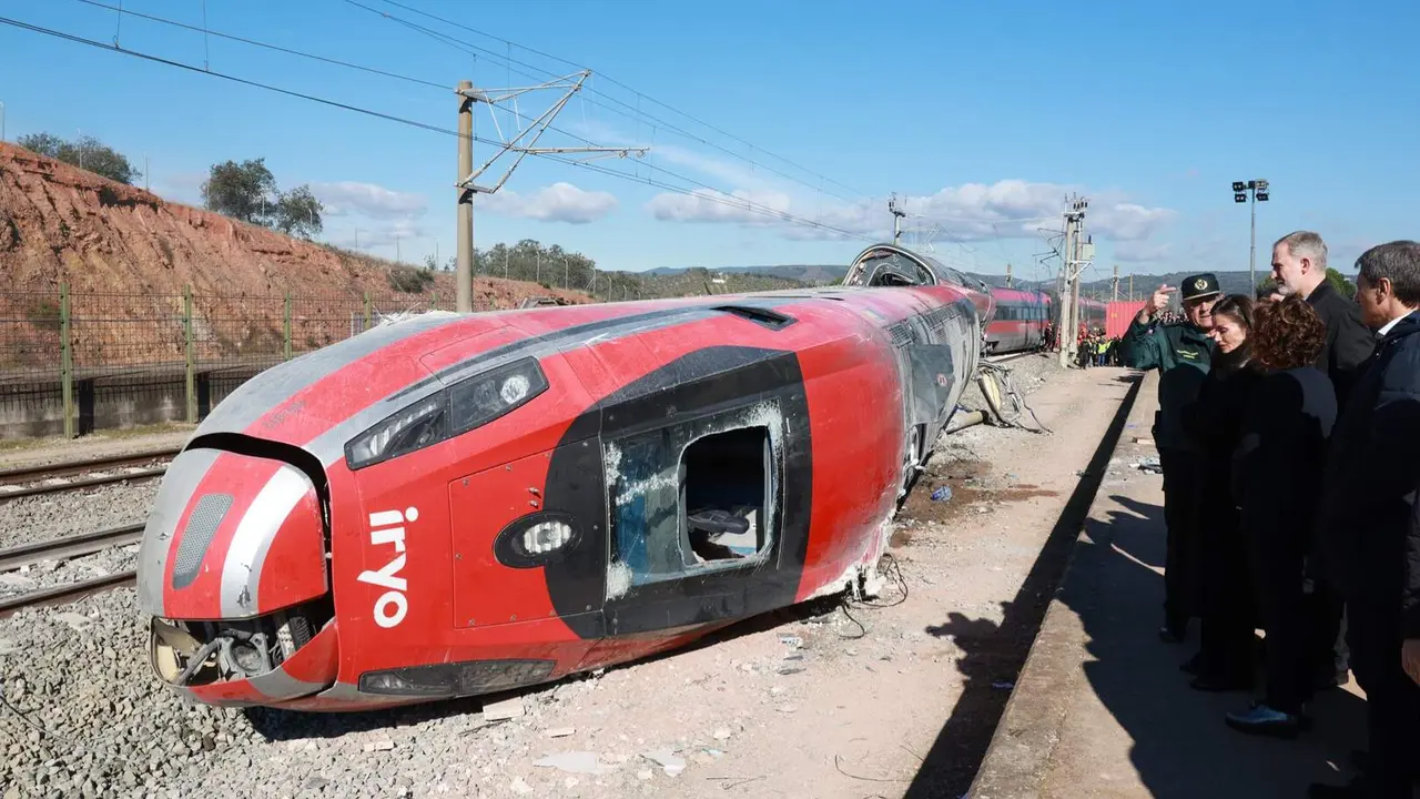 Los reyes observan la cabina del tren iryo tras el accidente.
