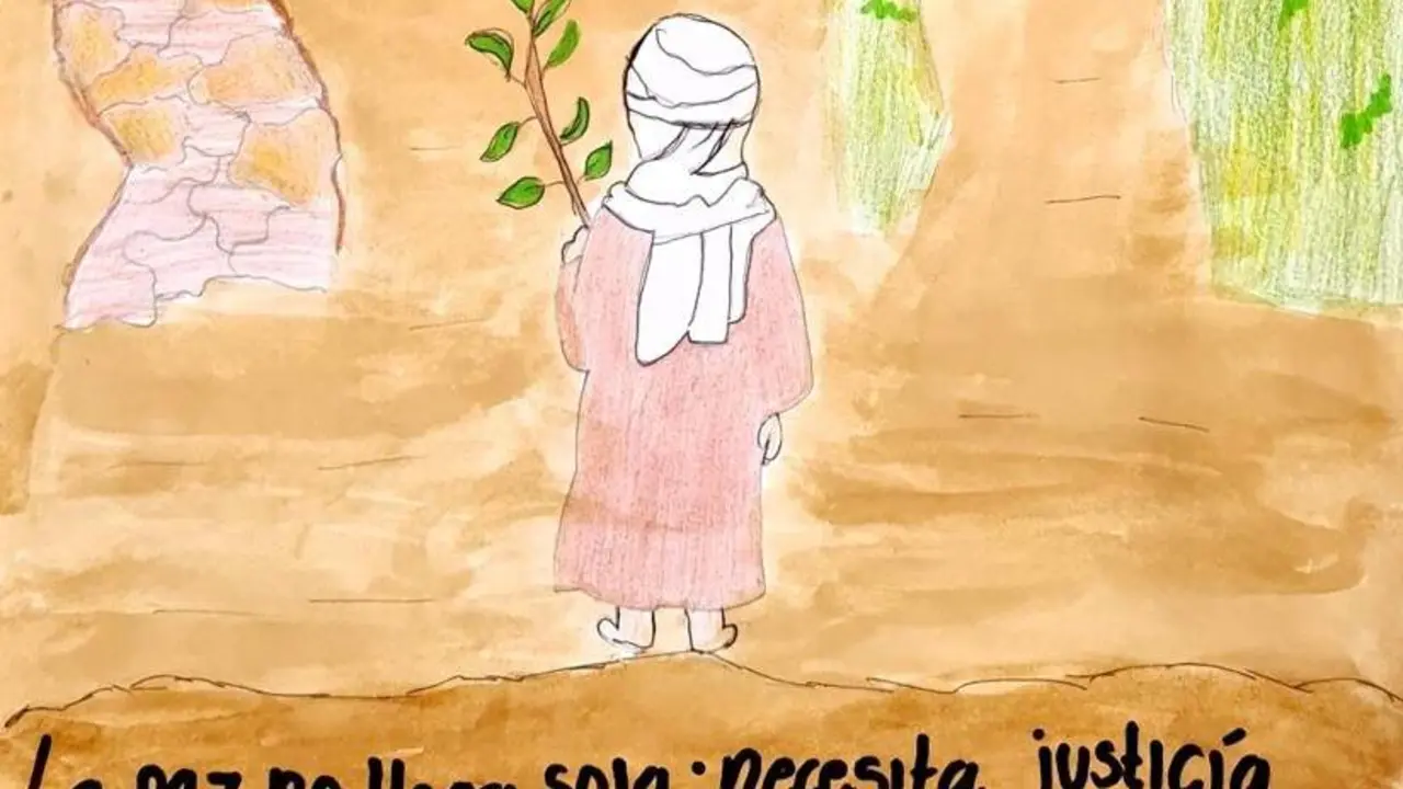 Una de las 'postales por la paz' impulsadas por Marea Palestina en las aulas. Foto: MP