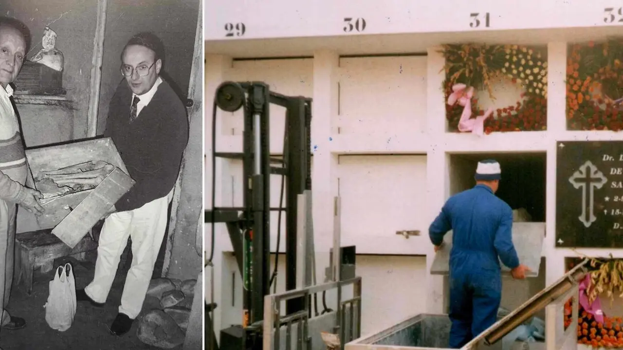 Alfonso Y&aacute;&ntilde;ez, a la izquierda, con el caj&oacute;n de los restos &oacute;seos; a la derecha, fotograf&iacute;a del d&iacute;a del traslado de los restos a Montearenas.