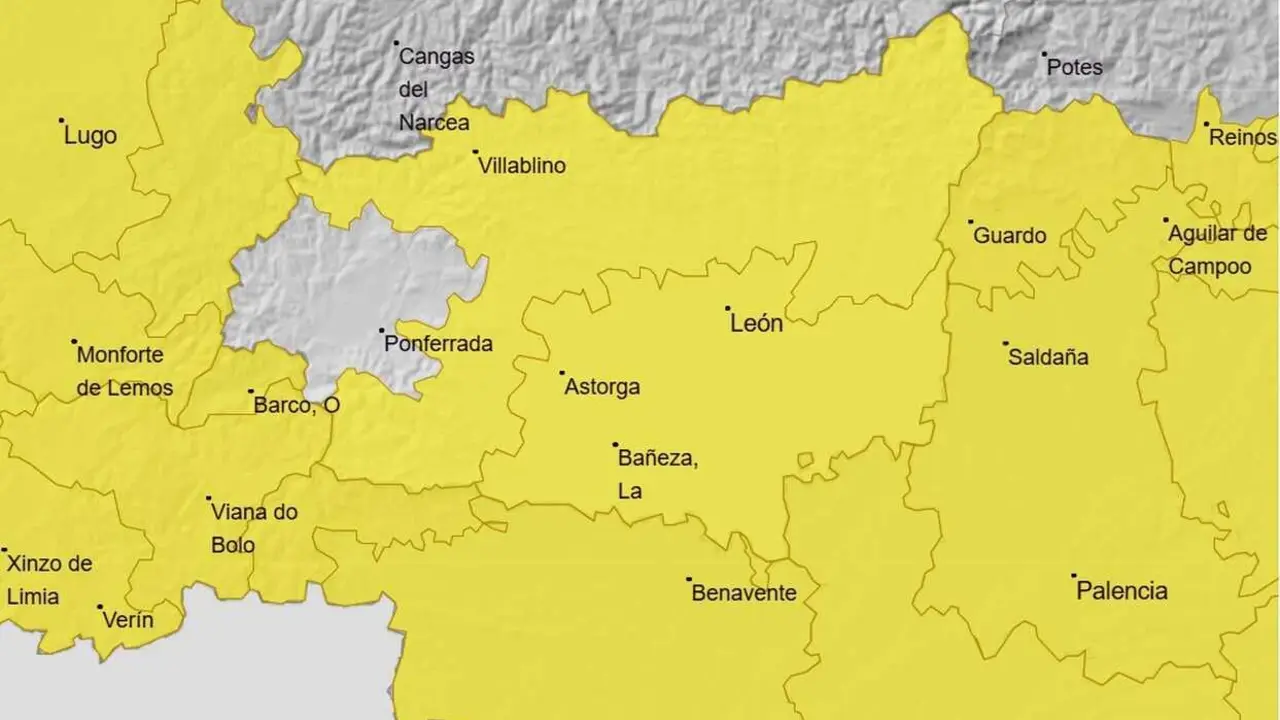 Imagen de la alerta amarilla en la provincia de Le&oacute;n. Foto: Aemet