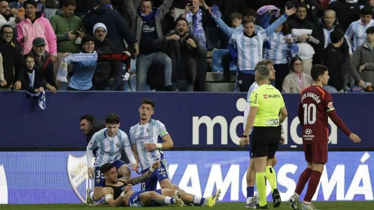 El colegiado Alonso de Ena tras el 2-1 conseguido por el M&aacute;laga en el tiempo de descuento.
