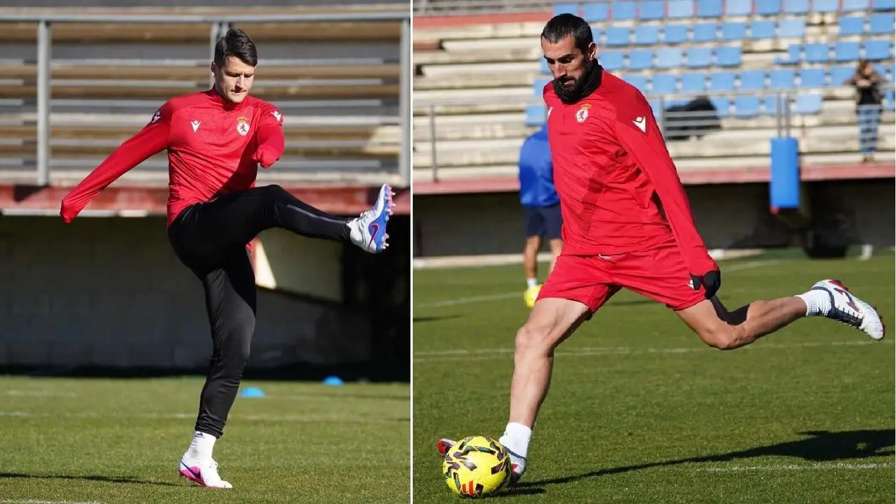 Los centrocampistas Radoja y Maestre, durante la &uacute;ltima sesi&oacute;n de entrenamiento en Puente Castro.