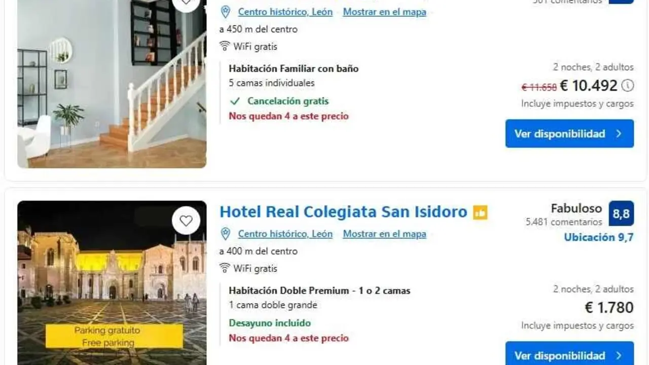 Detalles de precios para las noches del 11 y 12 de agosto en Le&oacute;n capital; los precios se han disparado en toda la provincia.