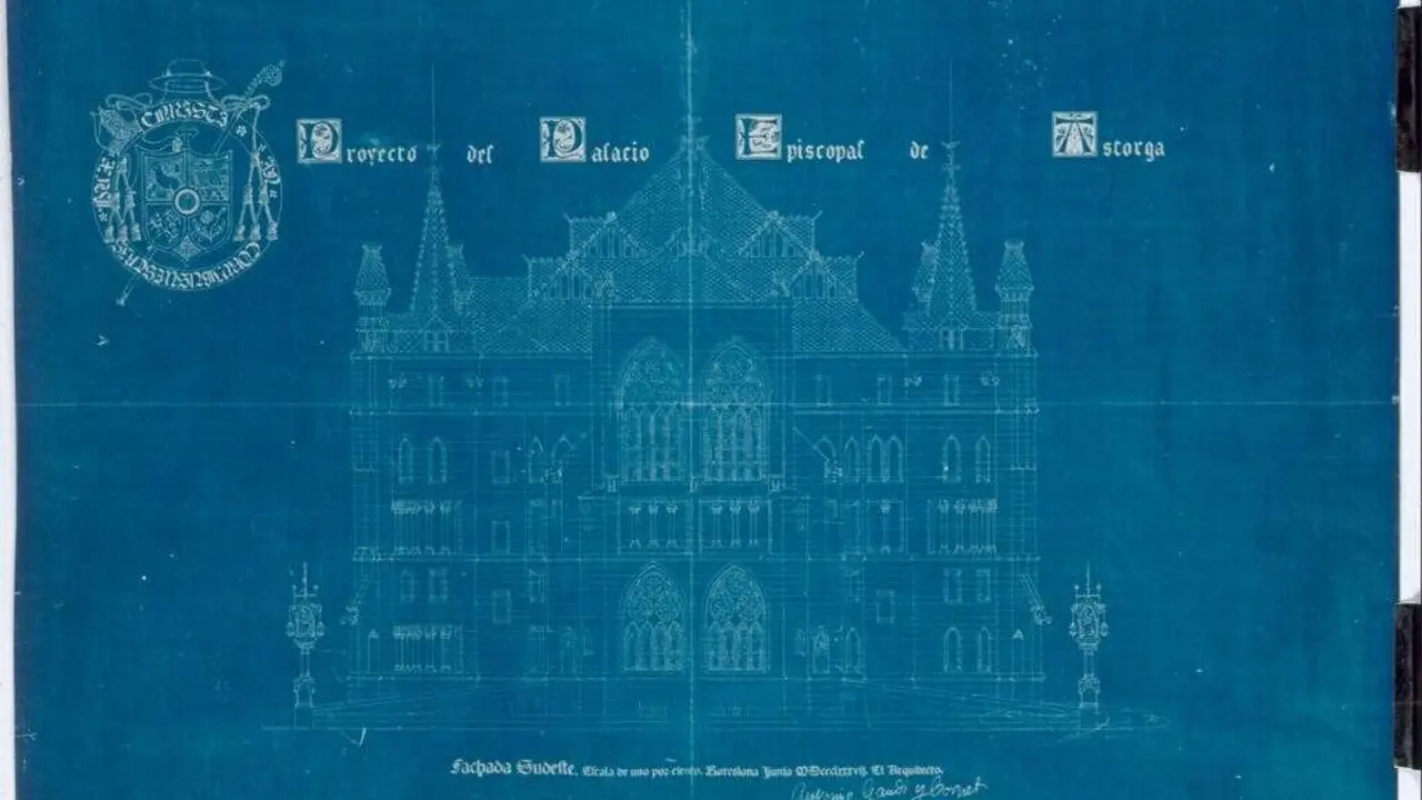 Plano original firmado por Antonio Gaud&iacute; de la fachada sudeste del Palacio Episcopal de Astorga. Foto: Palacio de Gaud&iacute;.