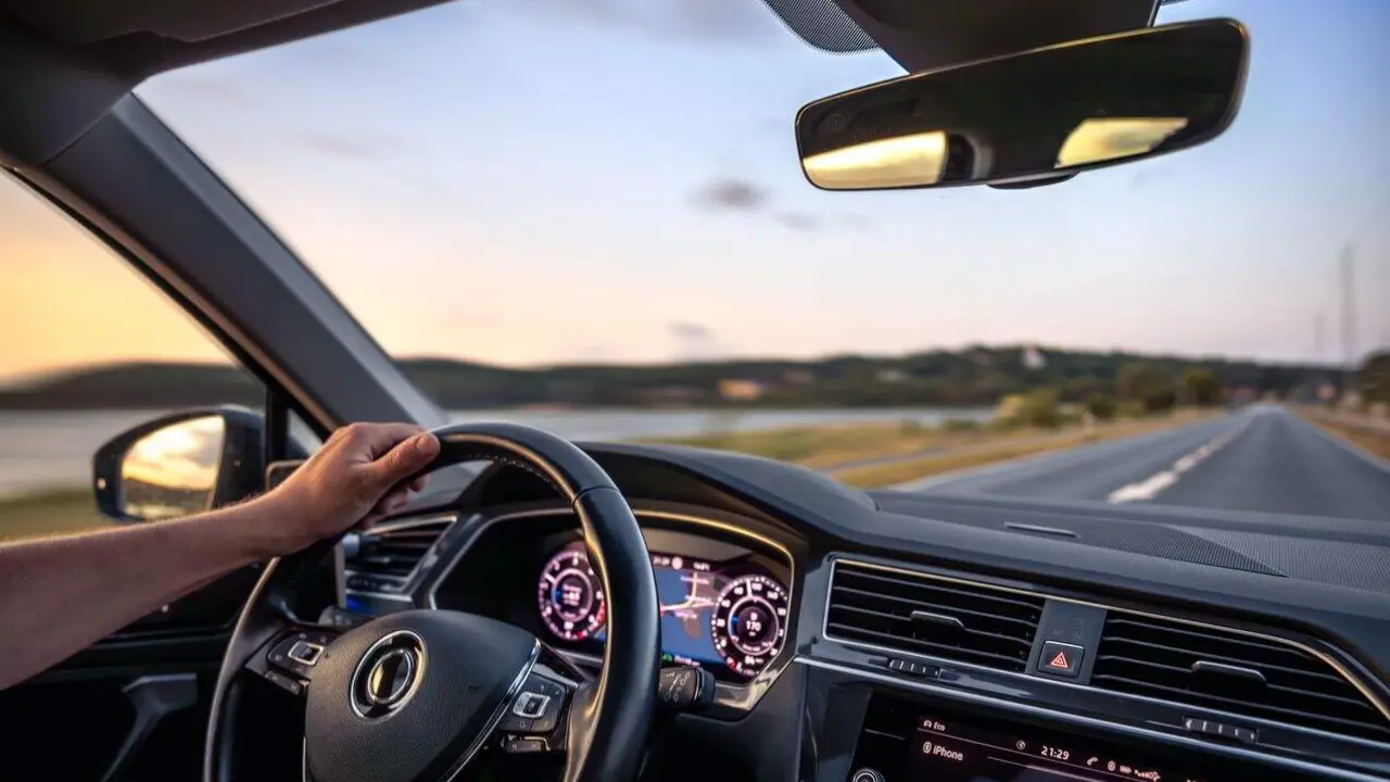 A driver's hand on the wheel during a peaceful sunset drive along a riverside highway, with dashboard navigation and glowing ambient light.