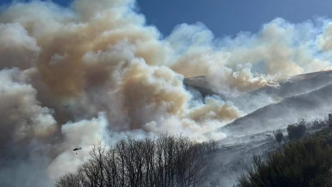 Incendio forestal en la localidad leonesa de Lubi&aacute;n este s&aacute;bado.