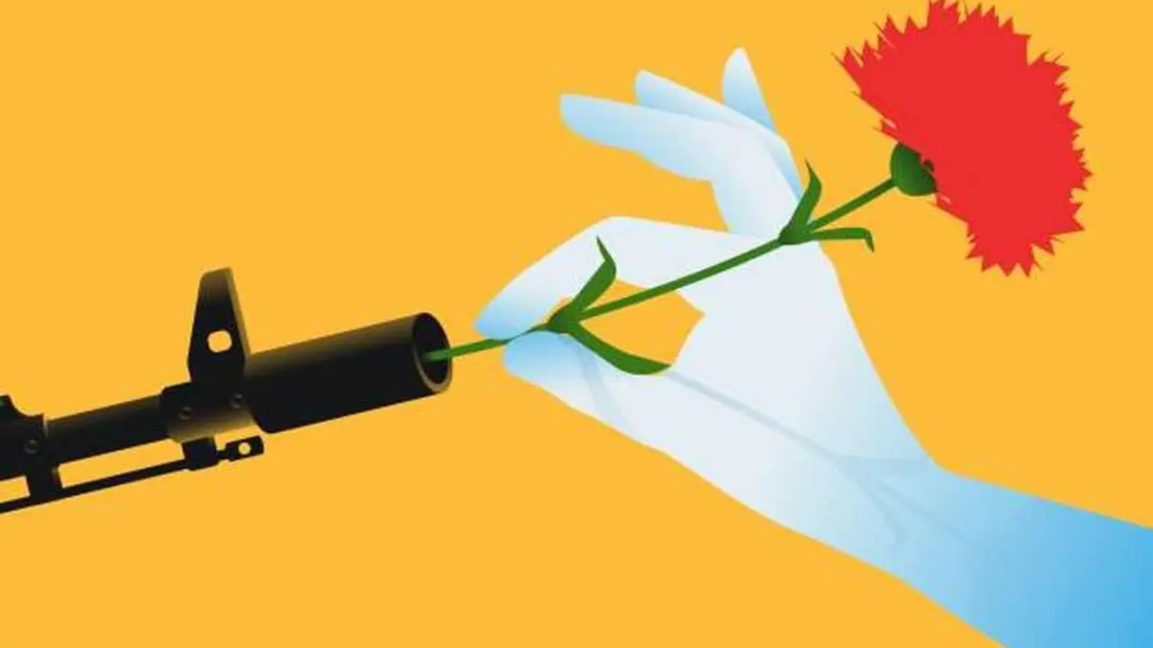 Hand putting a red flower into a barrell of a gun. Peace concept, stop war. Vector illustration.