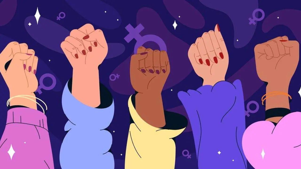 Flat women hands different nationalities with feminism fists raised up. Gender equality, feminist movement, protest or revolution concept. Fist gesture symbol of strength, woman rights or female power
