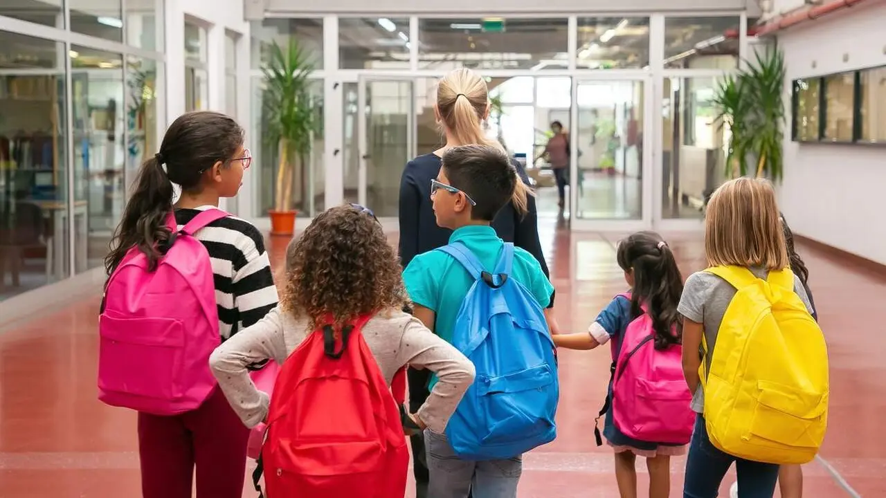 Group of children with female teacher walking in school corridor. Back view. Education or back to school concept