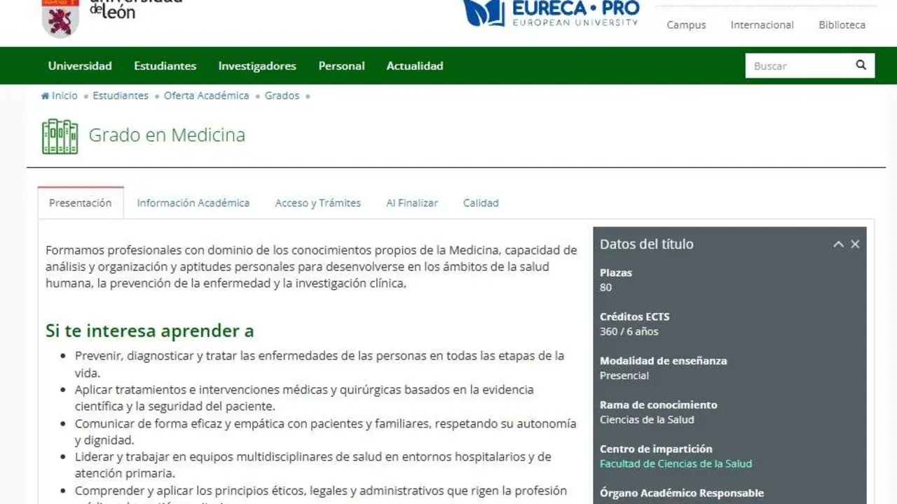 P&aacute;gina web de la Universidad de Le&oacute;n con la oferta del nuevo Grado de Medicina abierto esto mi&eacute;rcoles. Foto: Unileon